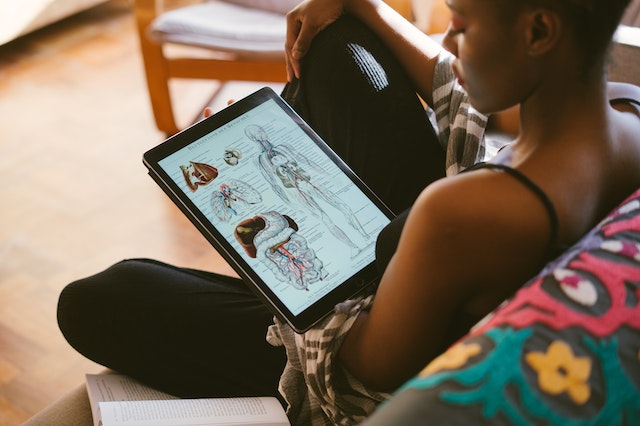 A young black woman sitting on a sofa and studying for an anatomy exam on her tablet
