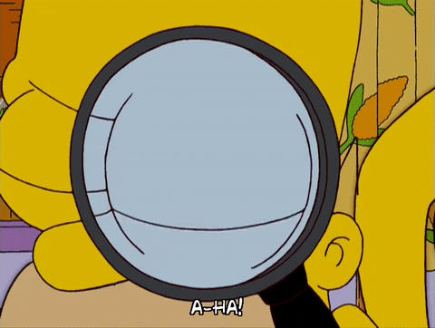 GIF from The Simpsons. Homer Simpson is holding a magnifying glass and saying "aha!" as the camera zooms in