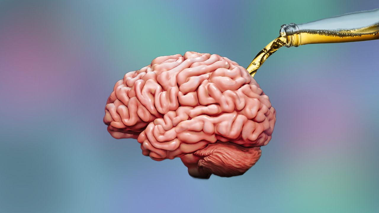 a colorful background with an adhd brain in the center and alcohol is pouring onto it.