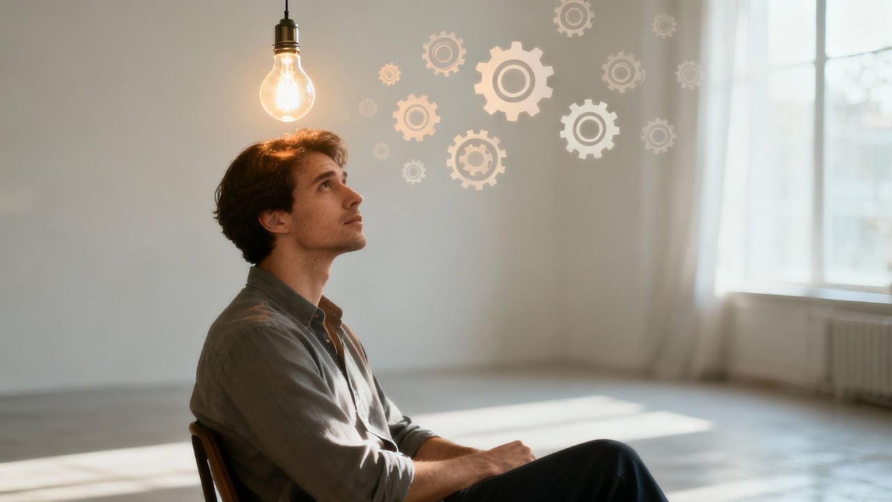 A young man sits on a chair in a bright, minimalist room, looking thoughtfully at a glowing lightbulb hanging above his head. Illustrated gears float in the air near his gaze, symbolizing thinking or problem-solving.