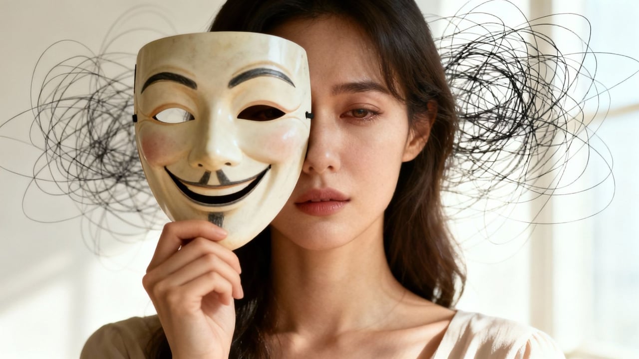 A woman holds a Guy Fawkes mask over half her face, revealing a calm, melancholic expression. Abstract black wires frame her head in soft natural light.