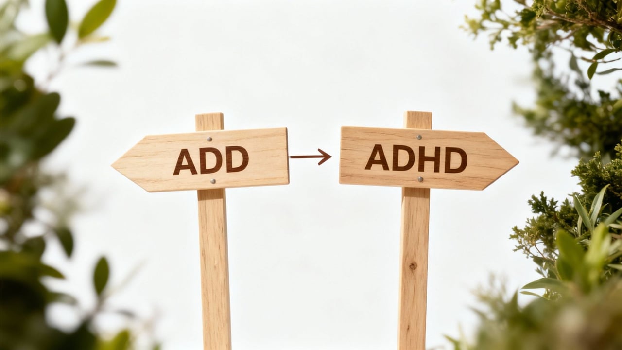 Two wooden signs among greenery point from “ADD” to “ADHD,” showing the term’s evolution.