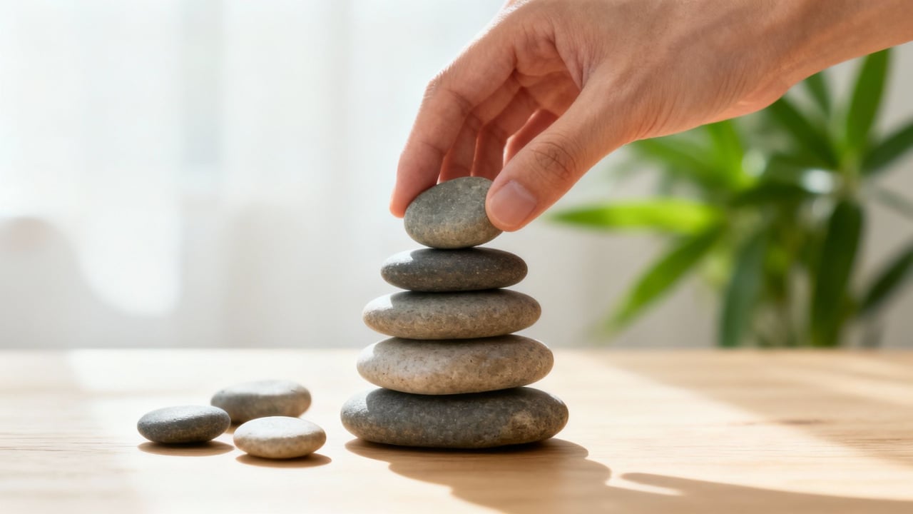 A hand gently places a smooth stone atop a balanced stack of pebbles on a wooden surface, symbolizing calm and focus.
