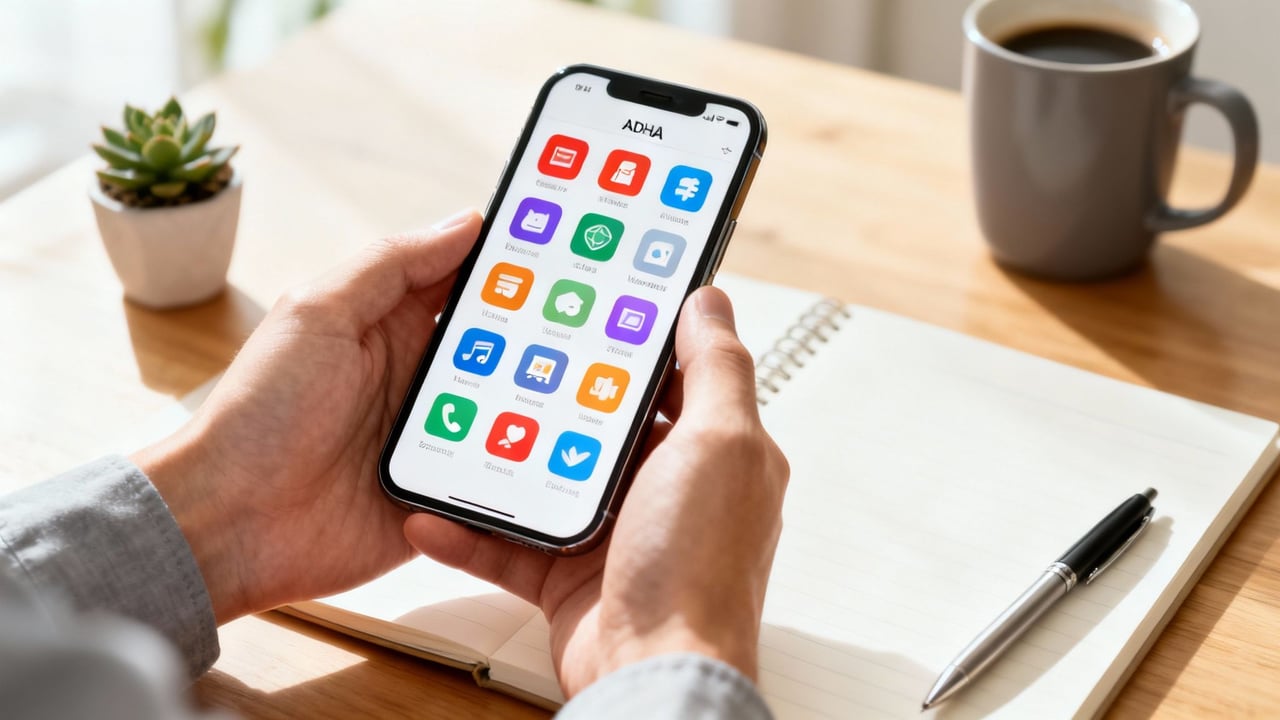 A person holds a smartphone displaying an ADHD-related app with colorful icons, next to a notebook, pen, coffee cup, and small plant on a wooden desk.