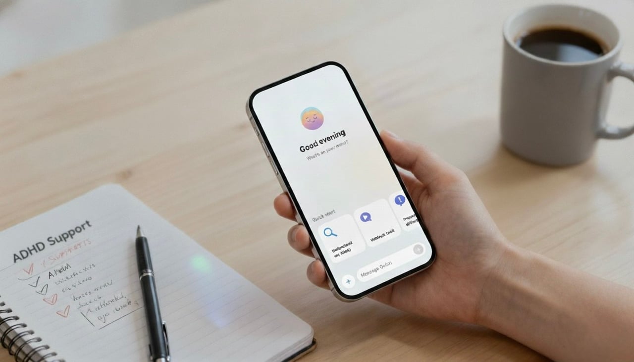 A person holds a phone displaying the Inflow ADHD app, next to a notebook labeled “ADHD Support” and a cup of coffee on a wooden desk.