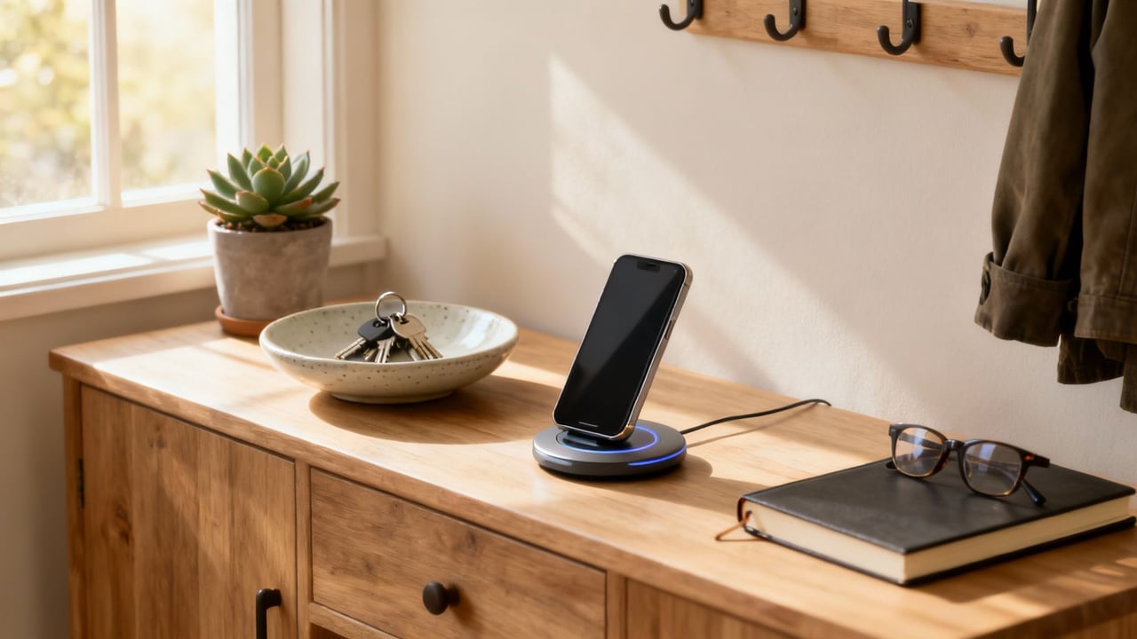 A tidy entryway with a key bowl, charging phone, notebook, and glasses in natural light.