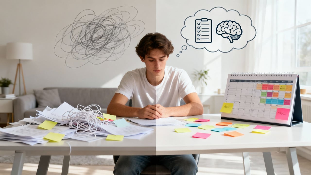 A young man sits at a desk divided between chaos and organization, symbolizing the shift from ADHD overwhelm to structured thinking with visual thought bubbles.