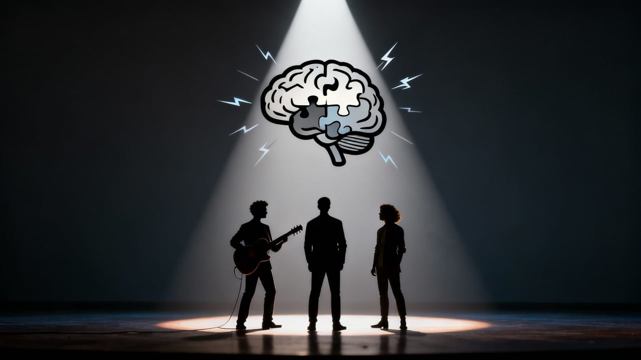 Three people stand on a dark stage under a spotlight, looking at a glowing brain icon with puzzle pieces and lightning bolts.