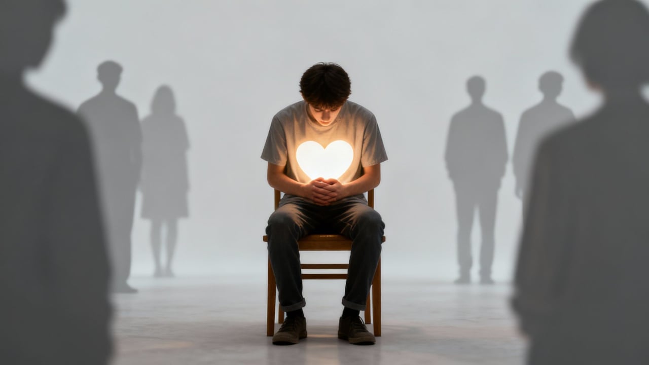 A person sits alone on a chair with a glowing heart on their chest, surrounded by shadowy figures, symbolizing vulnerability and emotional intensity.
