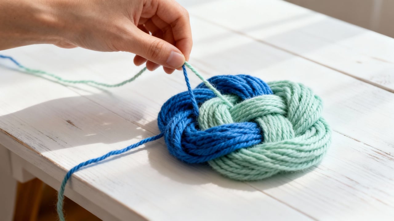 A hand pulls on intertwined blue and green yarn forming a braided knot on a white table.