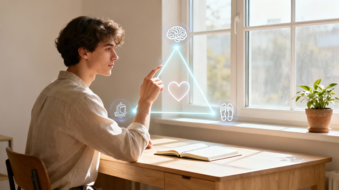 A young man sits at a desk pointing at glowing icons of a brain, heart, candle, and slippers forming a triangle, symbolizing balance between mind, body, and emotions.