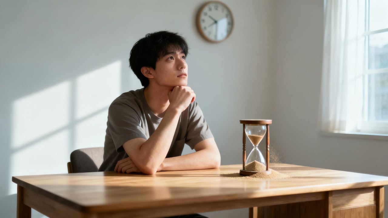 A young man sits at a wooden table, gazing thoughtfully at an hourglass, with soft daylight streaming in and a wall clock behind him.