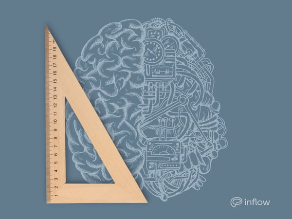 Drawing of a brain with a triangular ruler measuring it.