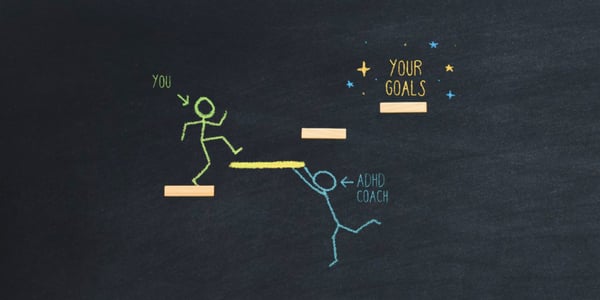 chalkboard background with 4 wooden block steps, but there should be 5 -- the step in the middle is missing. a stick person drawn in chalk is walking up the steps (you) and another stick person is below, holding a step up (adhd coach) for you to reach your goals (top step)