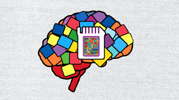 A colorful painting of a brain with a small memory card in the center of it to depict the working memory