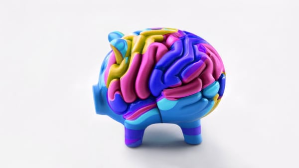 A bright-colored piggy bank shaped like a brain to depict saving money and budgeting as a person with ADHD.