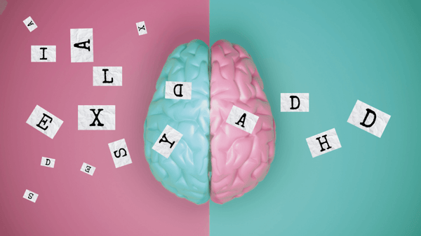 An anatomical model of a brain, the left half is pink, the other is blue. There are individual typed letters flying in all directions away from the brain, toward the right the letters spell ADHD.