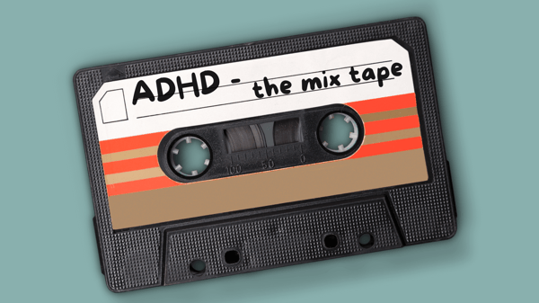A vintage cassette tape with permanent marker written on the label, reading - adhd the mix tape.