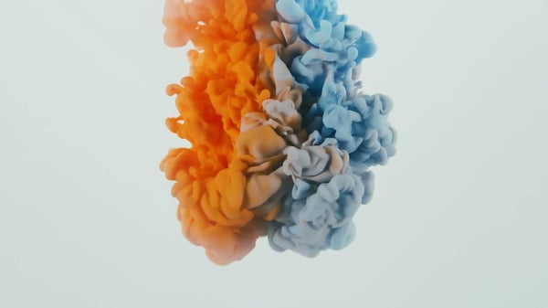 Two colored liquids, one red, one blue, swirling around and mixing in front of a white background. The shape they create vaguely resembles a brain.