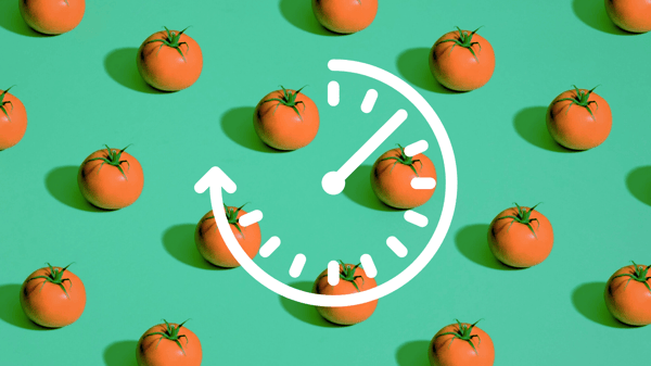 a bright green background behind rows of tomatoes. A clock timer icon floats in front of the image.