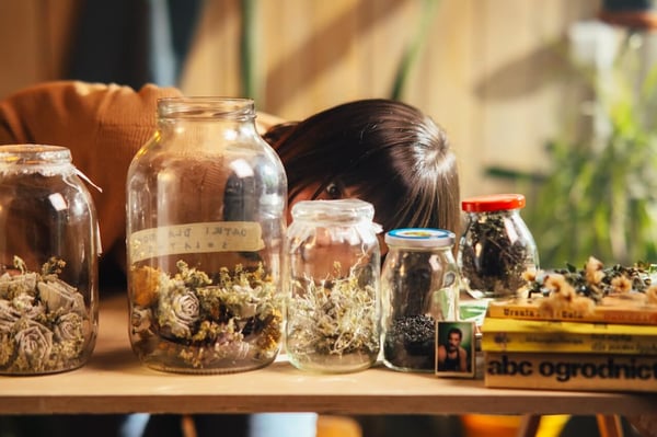 A person with dark-brown hair bent down to be at eye level with 5 glass jars on a shelf. The person's one visible eye is staring curiously at the jars, which are filled with various plant matter, including dried wild flowers and leaves. There are 3-4 well-thumbed botany books next to the jars. Out of focus in the background are wooden panels and the green leaves of some houseplants.