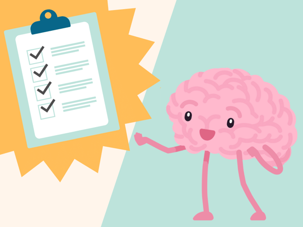 A cartoon illustration of a pink brain with legs, arms, and a smiling face. It's pointing at a lightblue clipboard with a checklist.