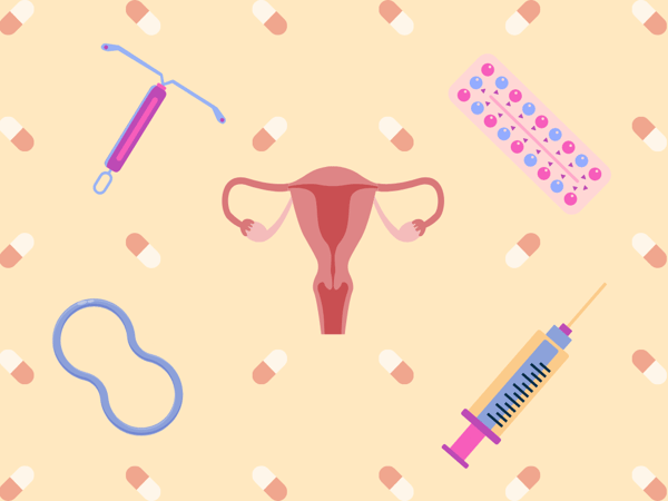 Illustration about the effect of hormonal birth control on ADHD symptoms. The contraceptive methods depicted are a hormonal IUD, the pill, hormone injection, and a hormonal ring. They are surrounding a central red uterus. Soft yellow background, with items in pink, blue and red.