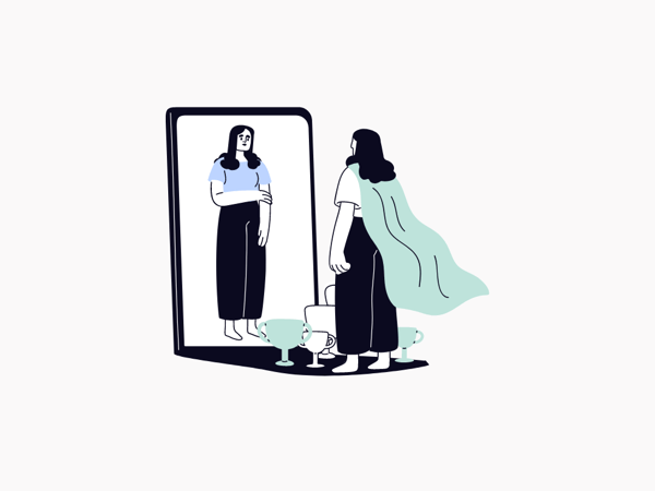 An illustration in black, grey and light blue. A person with long dark hair wearing a blue cape and surrounded by trophies is looking into a full-length mirror. The mirror image shows the person without the cape and the trophies, looking sad. 