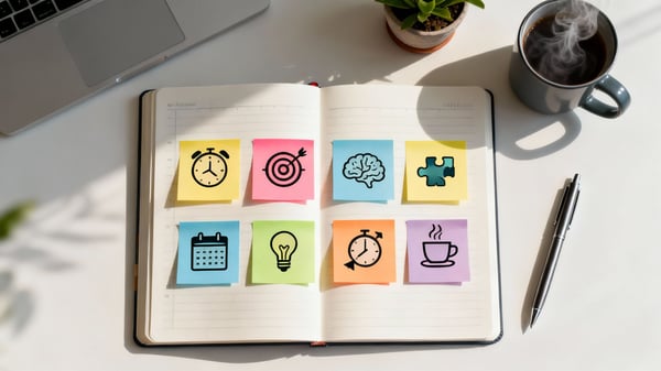 An open planner with colorful sticky notes showing icons for time, goals, and focus, surrounded by a laptop, coffee, pen, and a small plant.