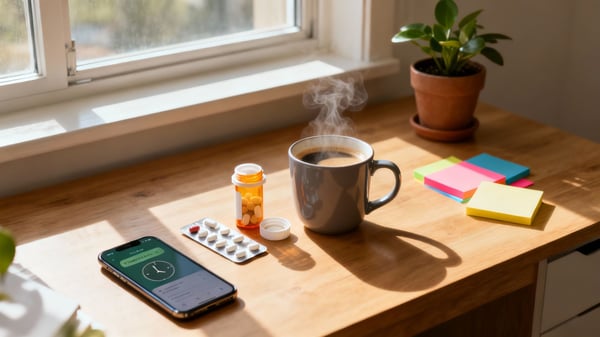 A tidy desk by a window with a hot coffee, ADHD meds, a phone timer app, and sticky notes.