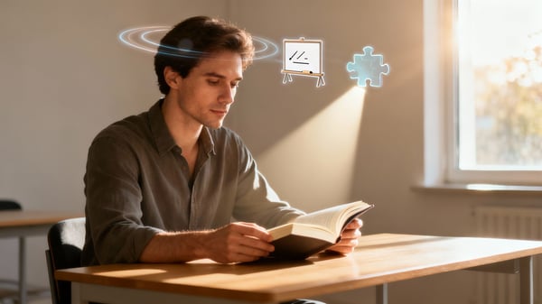 A man reads at a desk in sunlight, with digital icons of focus, learning, and puzzles above him.