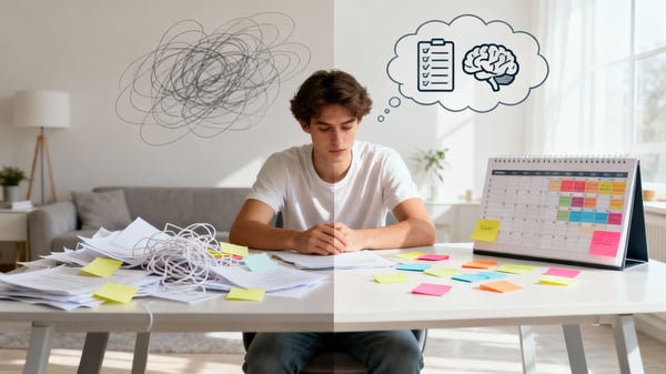 A young man sits at a desk divided between chaos and organization, symbolizing the shift from ADHD overwhelm to structured thinking with visual thought bubbles.