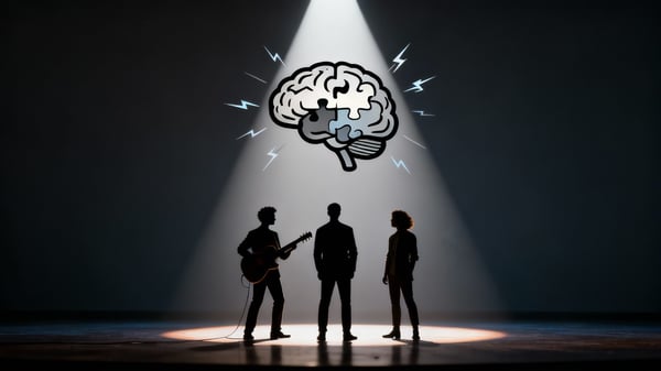 Three people stand on a dark stage under a spotlight, looking at a glowing brain icon with puzzle pieces and lightning bolts.