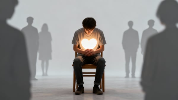 A person sits alone on a chair with a glowing heart on their chest, surrounded by shadowy figures, symbolizing vulnerability and emotional intensity.