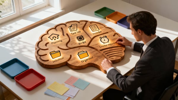 A man examines a wooden brain model on a desk, labeled with executive function skills like planning, task list, inhibition, organization, initiation, and emotional regulation.