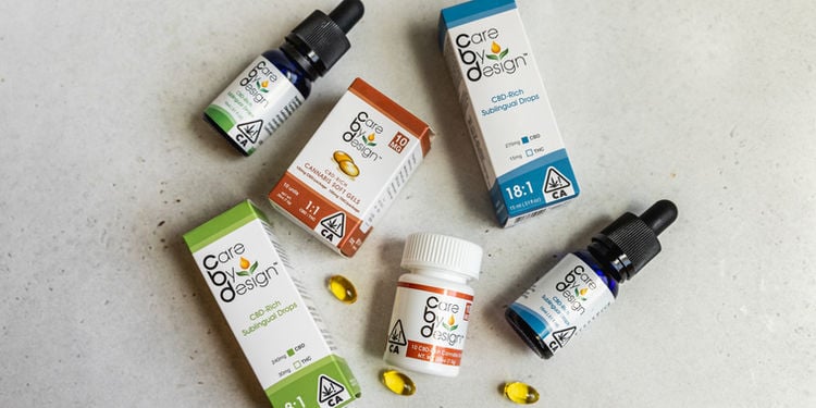 a variety of cannabis products with thc and/or cbd contents. image shows ratio of thc to cbs in oils, tablets, pills, and capsules for ingestion and or sublingual application.