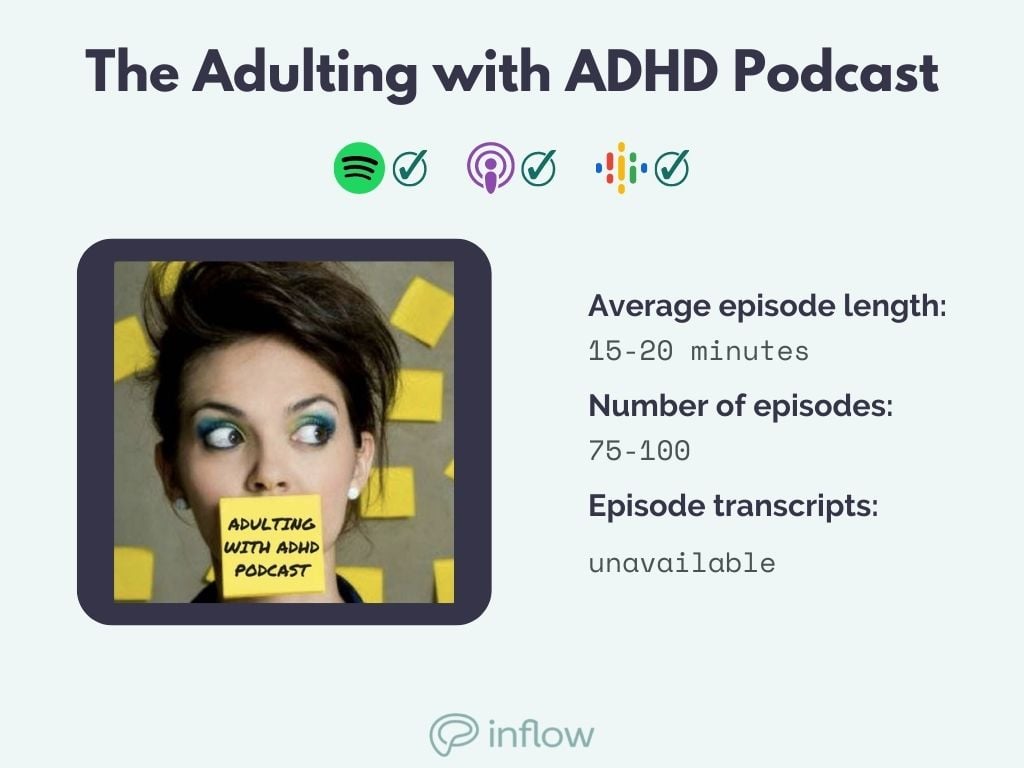The Adulting with ADHD Podcast. Available on spotify, google, and apple. 15-20 minute episodes; 75-100 episodes. transcripts unavailable