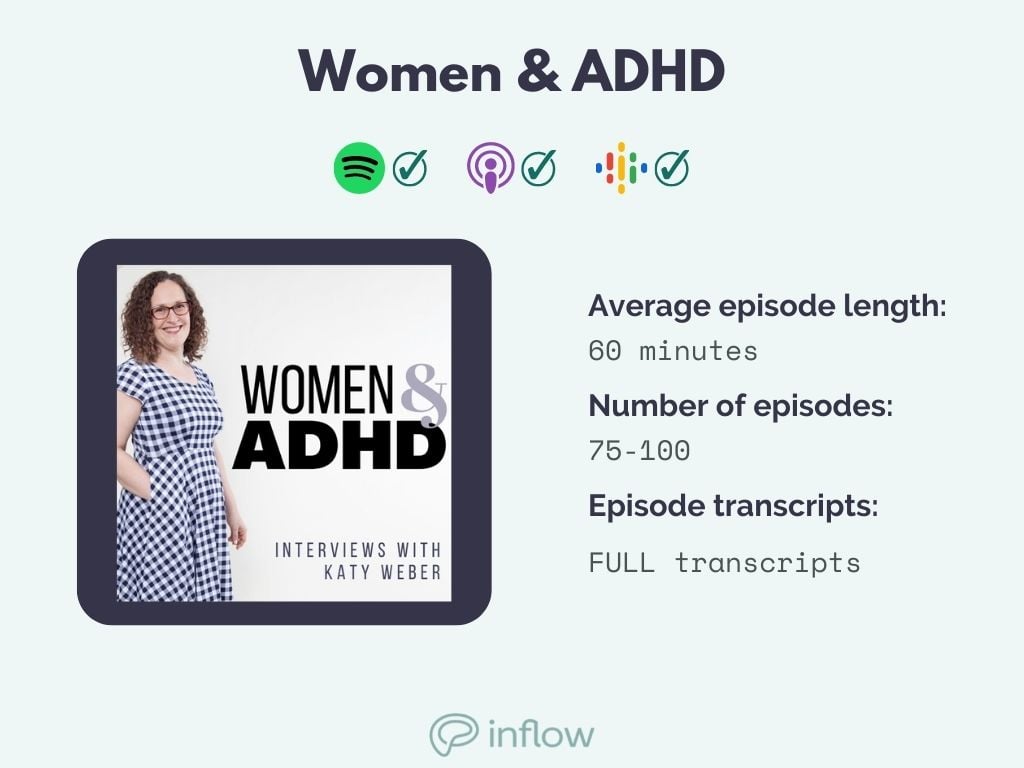 women and adhd,available on spotify, apple, and google. 60 minute episodes, 75-100 episodes. full transcripts available