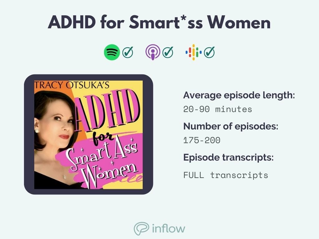 adhd for smartass women spotify, apple, google. 20-90 minute episodes, 75-200 episodes, full transcripts