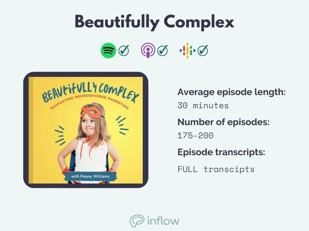 beautifully complex on spotify, apple, google. 30 minute episodes, 175-200 episodes. Full transcripts