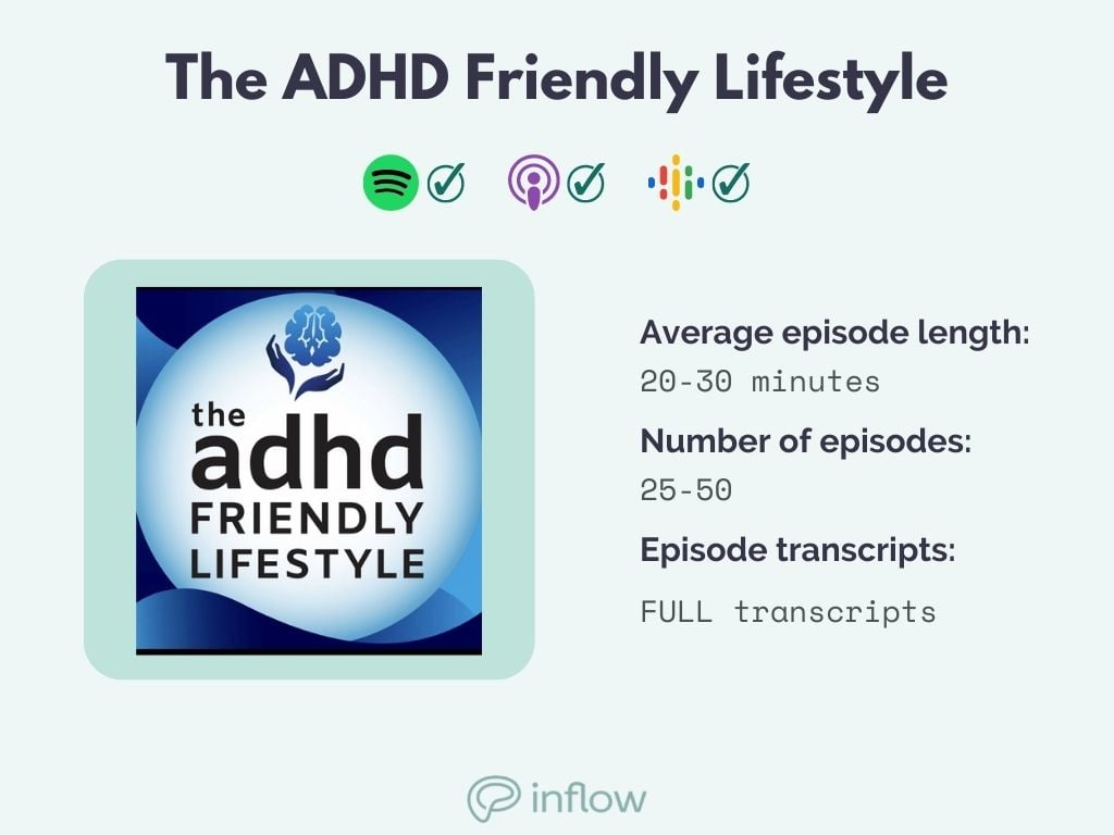 the adhd friendly lifestyle on spotify, apple, and google. 20-30 minute episodes, 25-50 episodes total. Full trasncripts.
