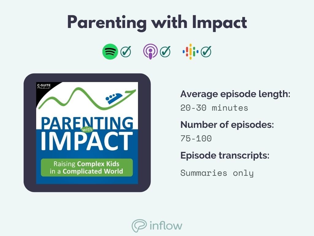 Parenting with impact on spotify, apple, google. 20-30 minute episodes; 75-100 episodes. summaries only