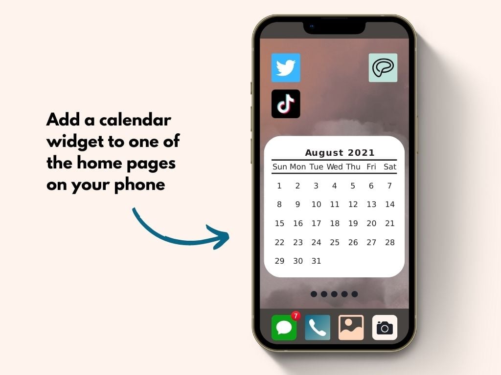 Shows a smart phone with a calendar widget and mobile apps on a home page