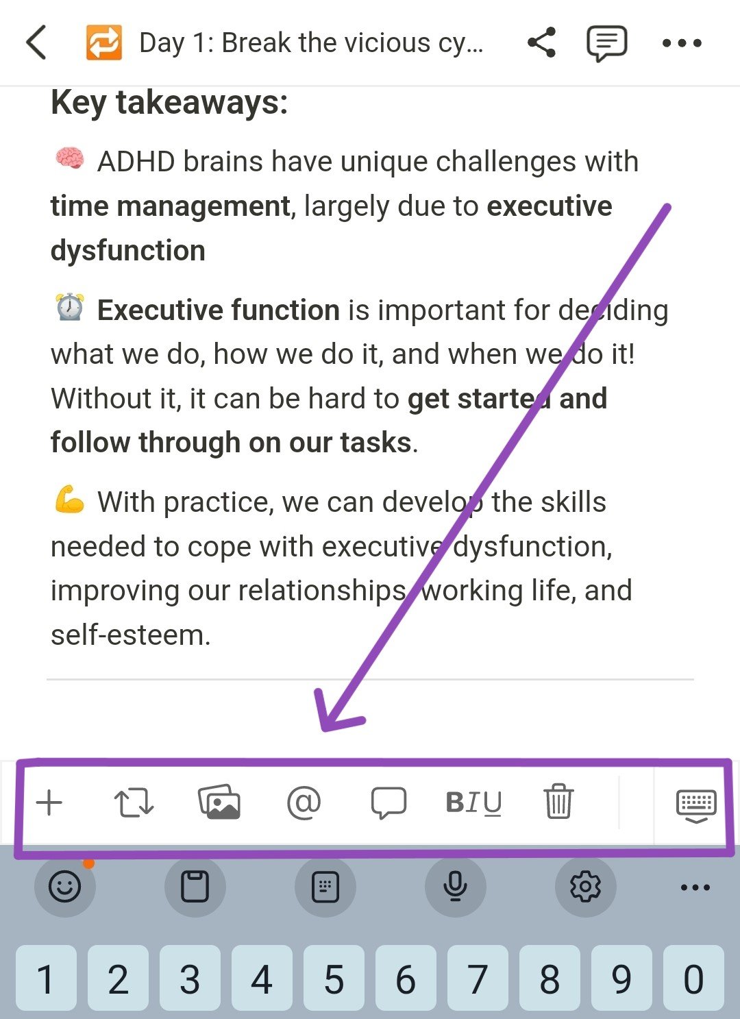Notion database for Inflow, an ADHD app. Key takeaways document discussing executive dysfunction and time management. Arrow is pointing to a toolbar above the keyboard for mobile users on Notion. 
