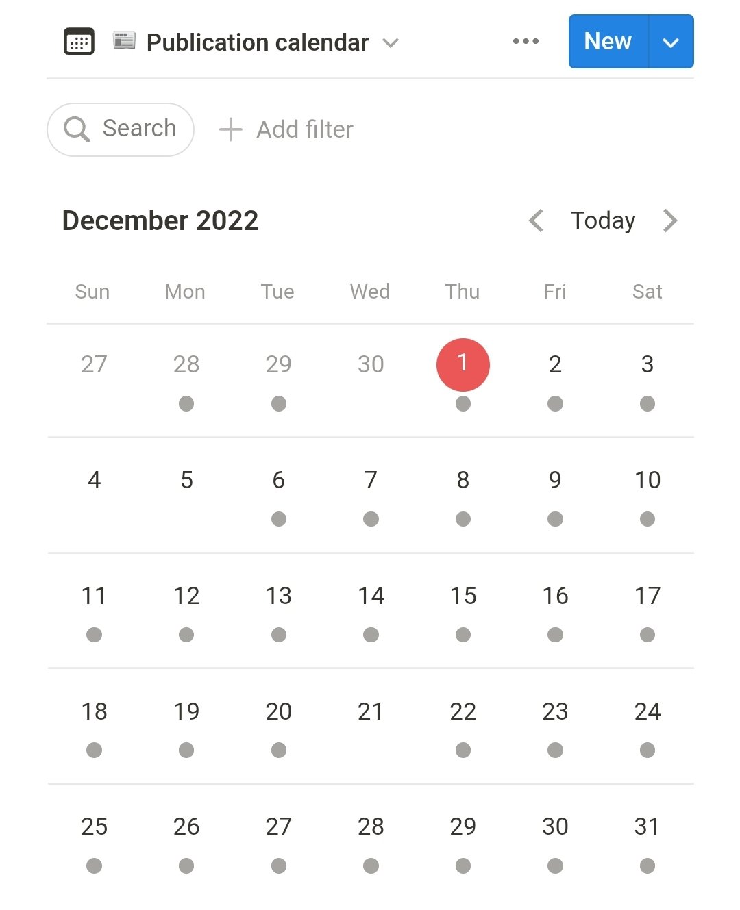 ADHD blog publication calendar on Notion. Days only show gray dots.