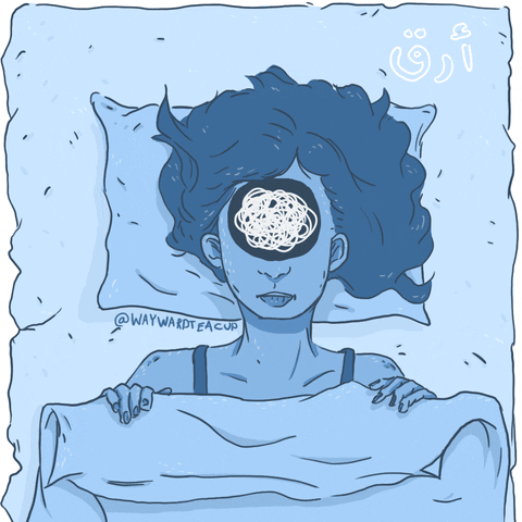 A drawing of a person with ADHD lying in bed trying to sleep, but there's static and squiggles racing around in their head.