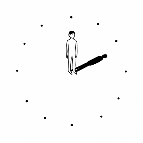 clock GIF by Laurène Boglio. A person standing in the middle of 12 dots. Their shadow is circling around them like a clock hand.