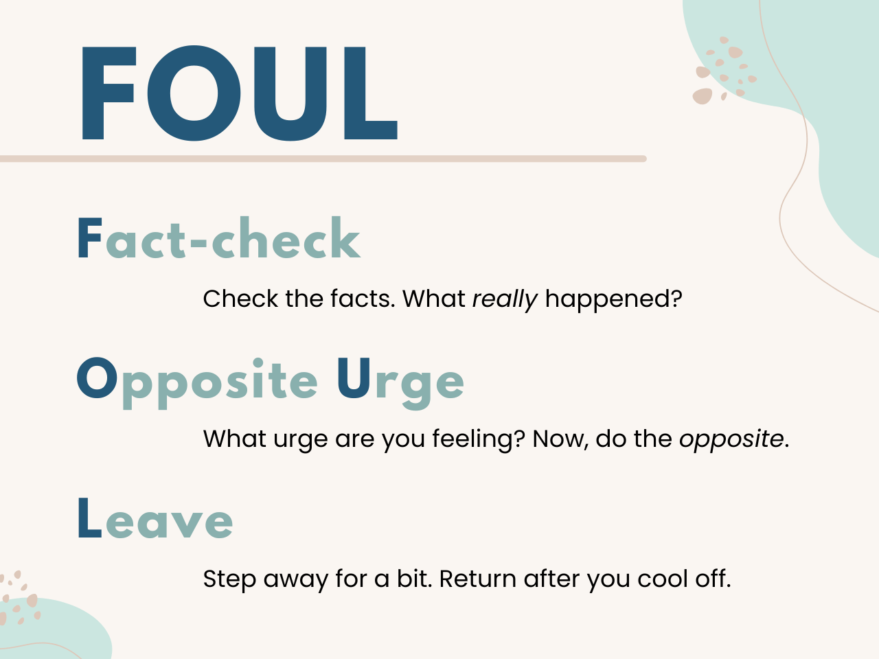 A graphic showing the steps of the FOUL method in shades of teal on pastel blue background. 1st line: Fact-check - Check the facts. What really happened? 2nd line: Opposite Urge - What urge are you feeling? Now, do the opposite. 3rd line: Leave - Step away for a bit. Return after you cool off. 