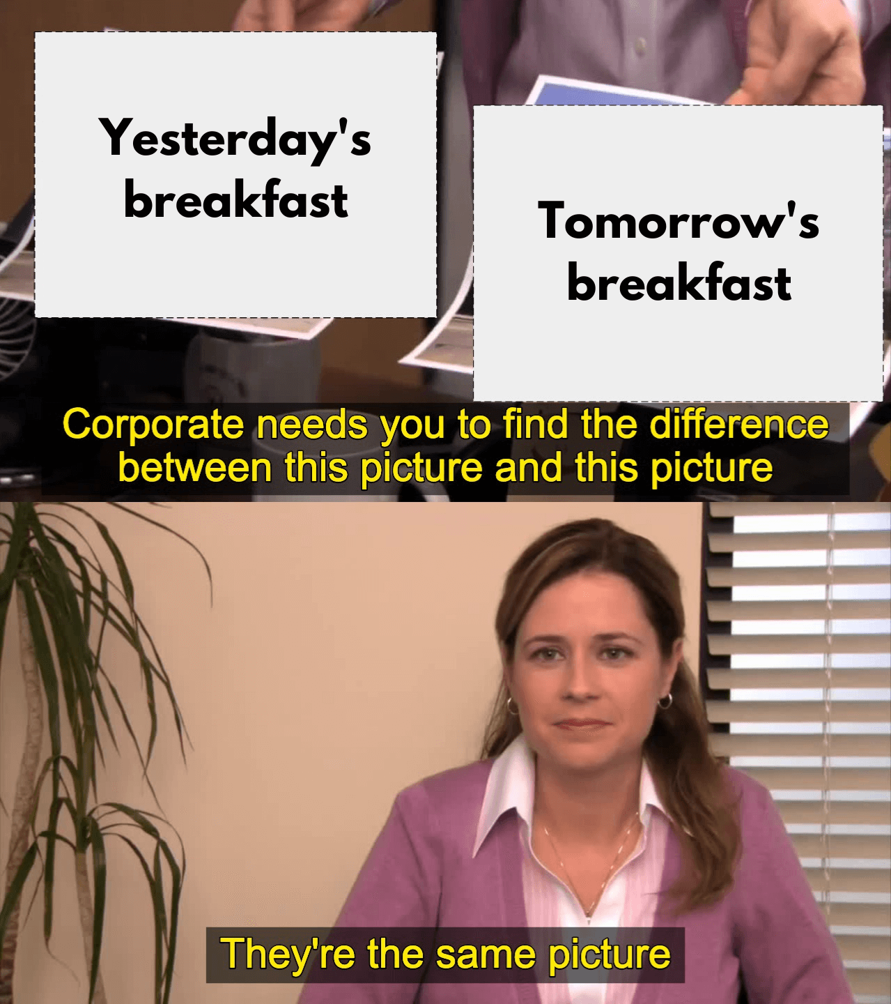 The office meme with 2 panels. Panel 1: corporate needs you to find the difference between this picture and this picture. (the pictures say yesterday's breakfast and tomorrow's breakfast) Panel 2: They're the same picture.