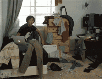 Gif of a student in a messy room, frantically grabbing clothes and a laptop off his bed to dump on the floor, then pulling a curtain across the mess. The curtain is printed with a life-sized photo of the hidden area tidied up.